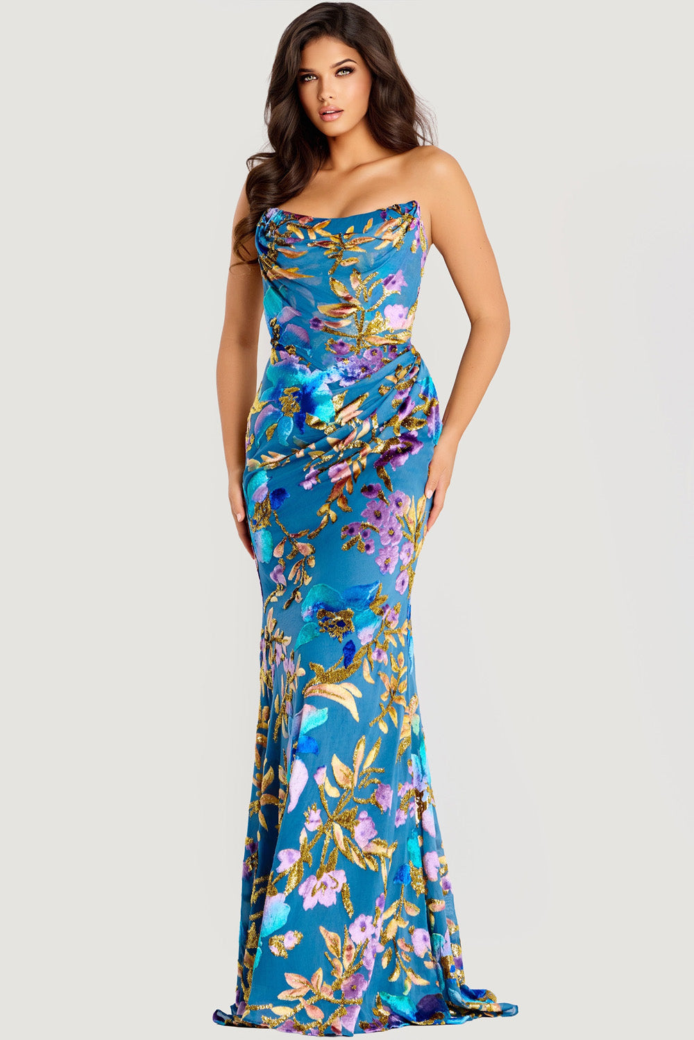 Jovani 47654 Blue mermaid prom dress with floral sequins and a draped neckline.