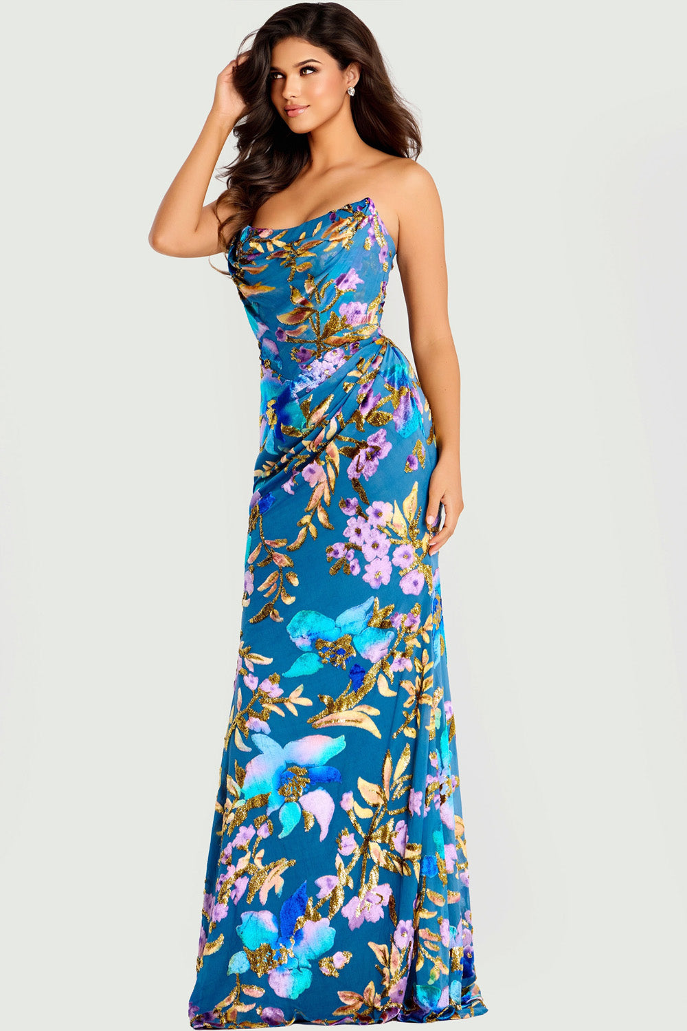 Jovani 47654 Blue floral prom dress with a fitted silhouette and elegant draping detail.