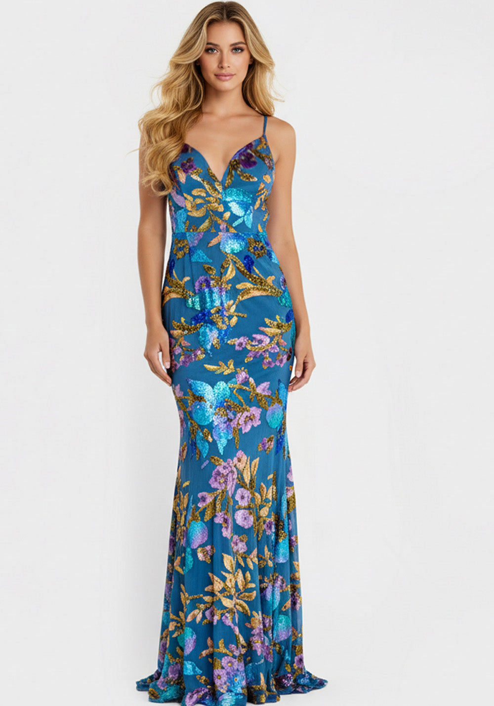 Jovani 47655 Blue multi mermaid prom dress with sequins and a plunging neckline, front view.