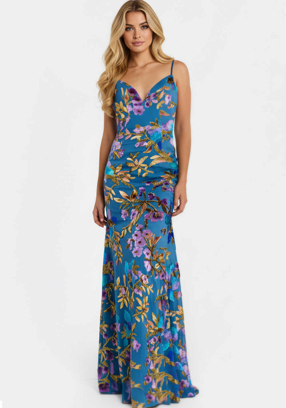 Jovani 47655 Blue multi mermaid prom dress with floral sequins and a plunging neckline.