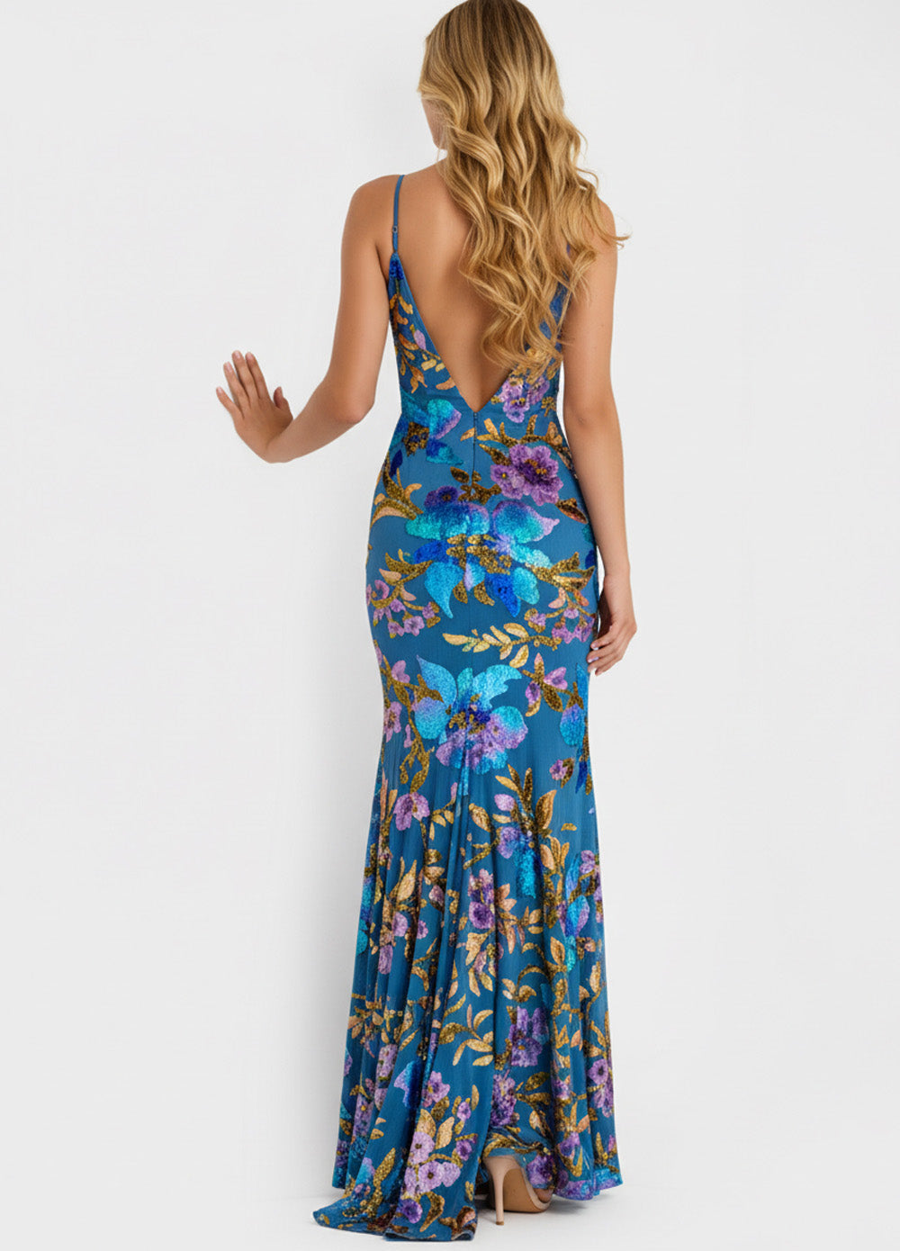 Jovani 47655 Blue multi mermaid prom dress with a stunning low back and floral sequins.