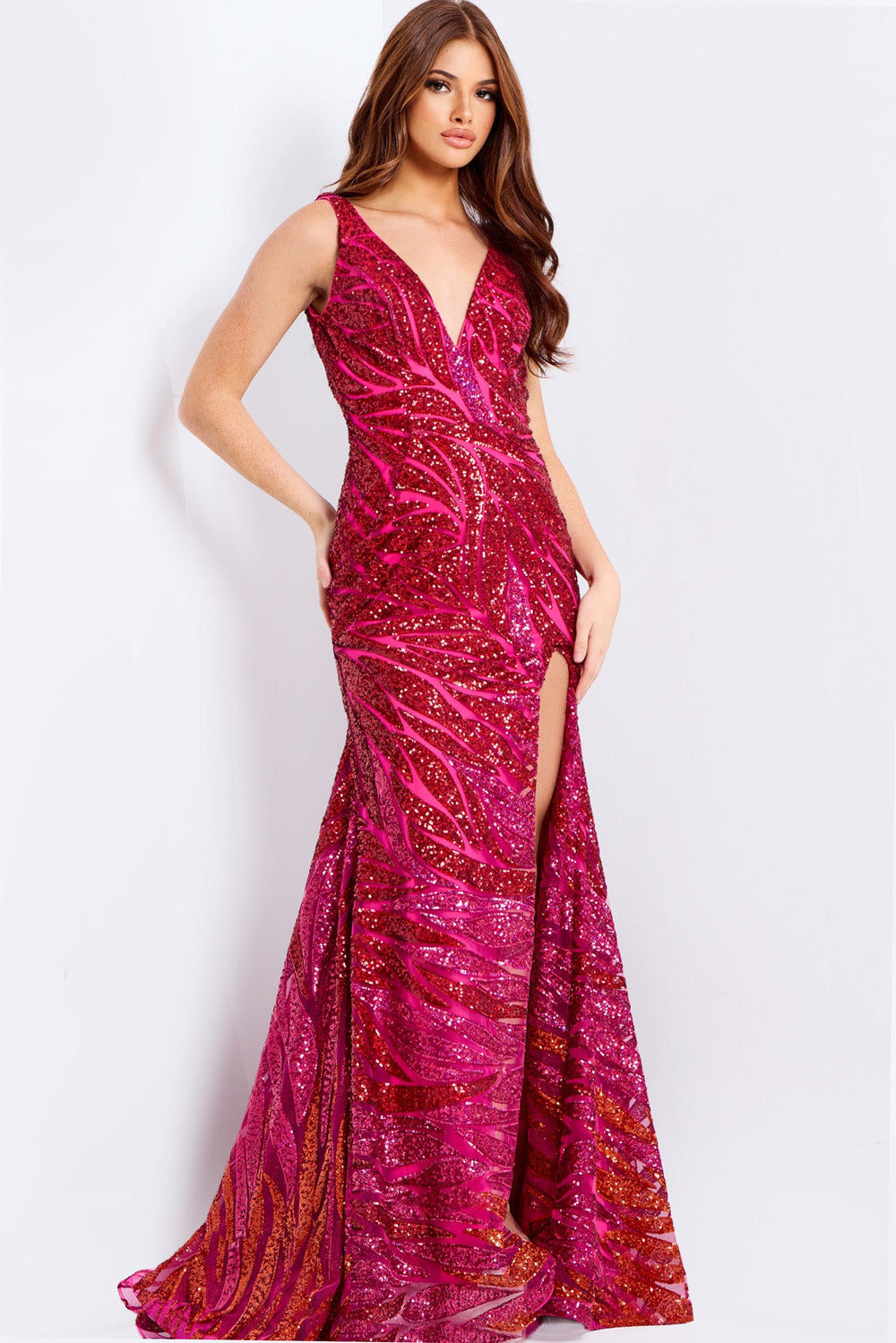 Jovani 47682 Fuchsia multi prom dress with a mermaid silhouette and a thigh-high slit.