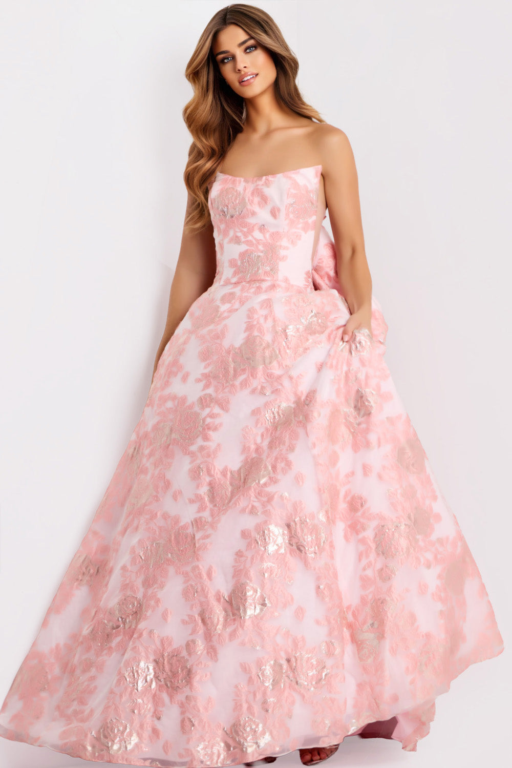 Jovani 47702 Light pink ballgown with floral embroidery and a strapless neckline, front view prom dress.