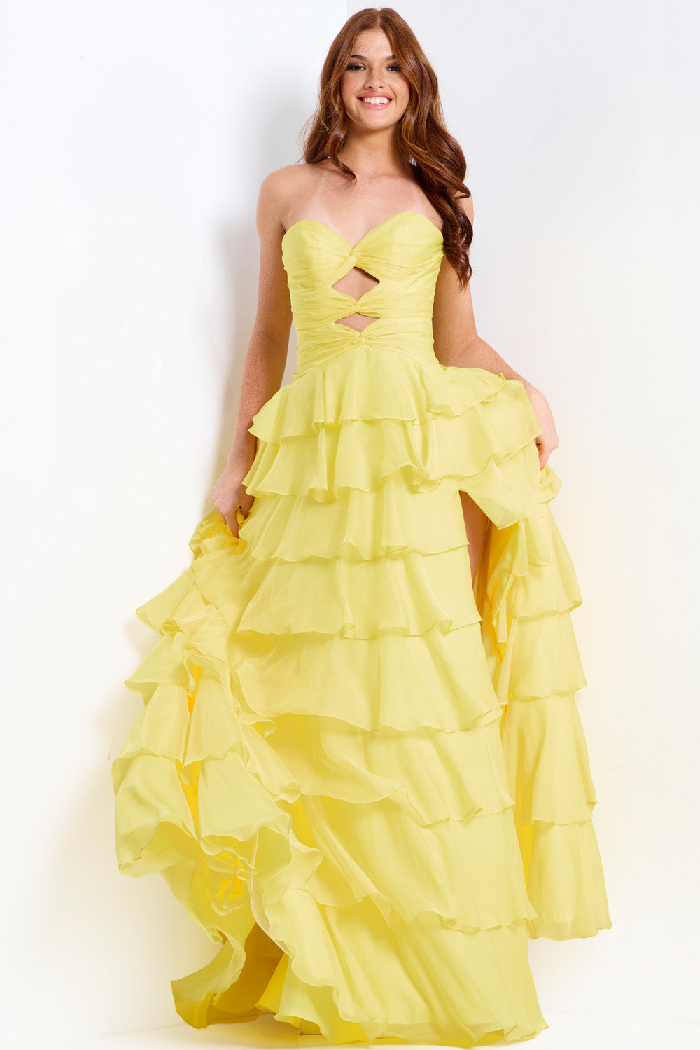 Jovani 47743 Yellow prom dress with a tiered skirt and side slit, featuring a sweetheart neckline.
