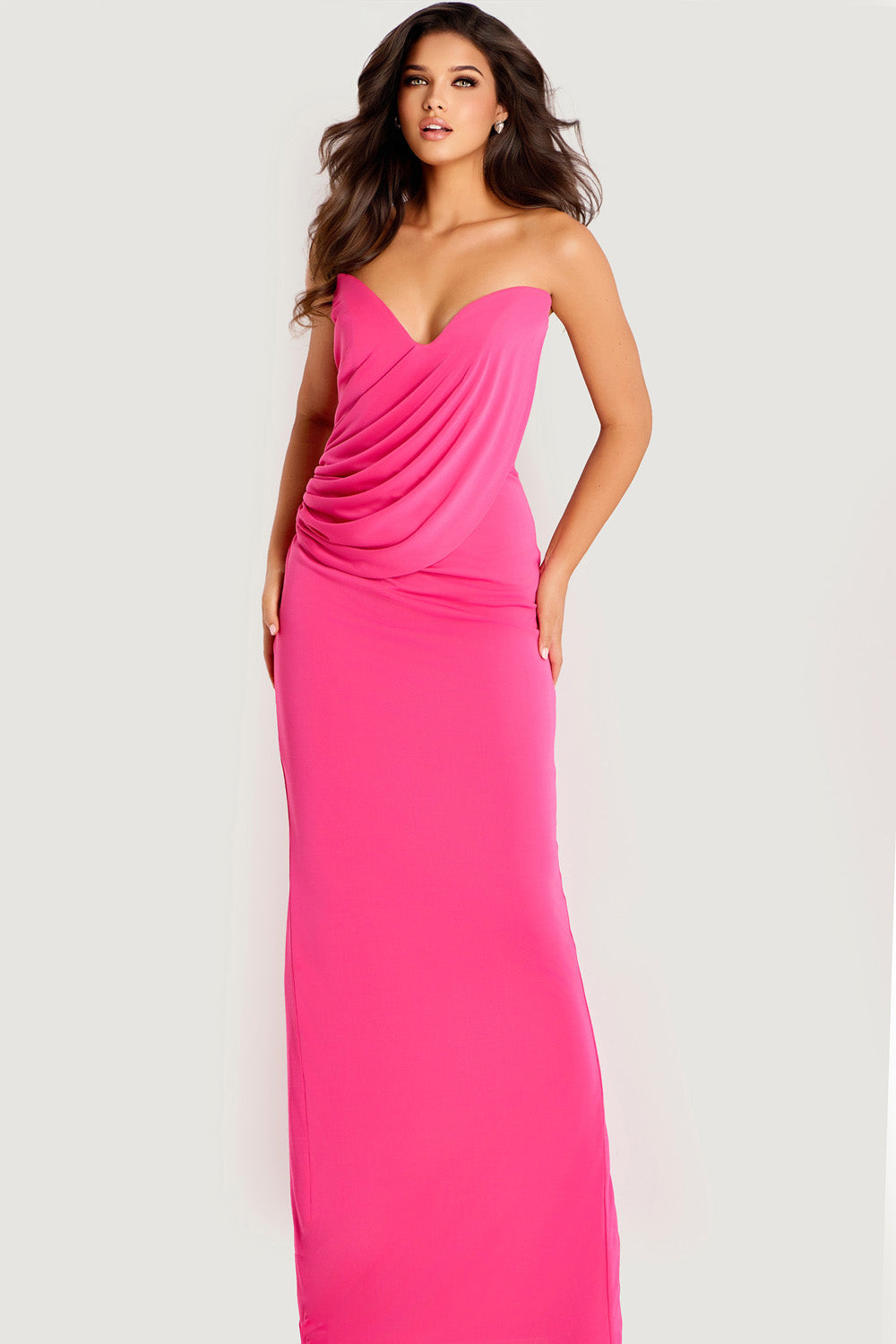 Jovani 47831 Pink fitted prom dress with draped bodice and sweetheart neckline.