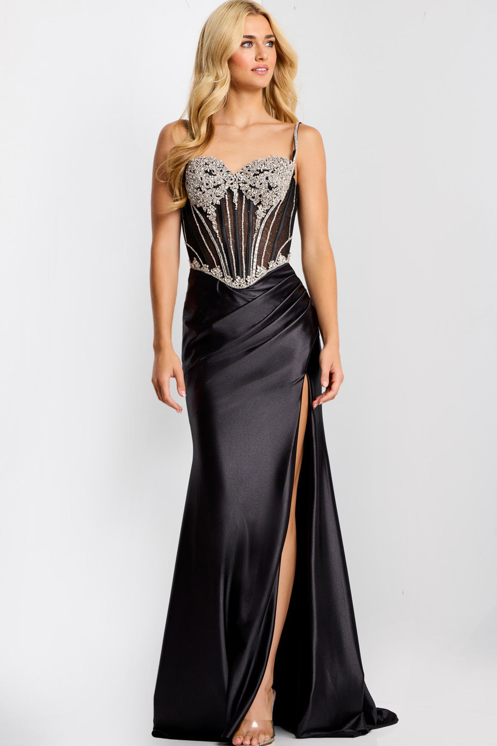 Jovani 47849 Black mermaid prom dress with beaded bodice and side slit, front view.