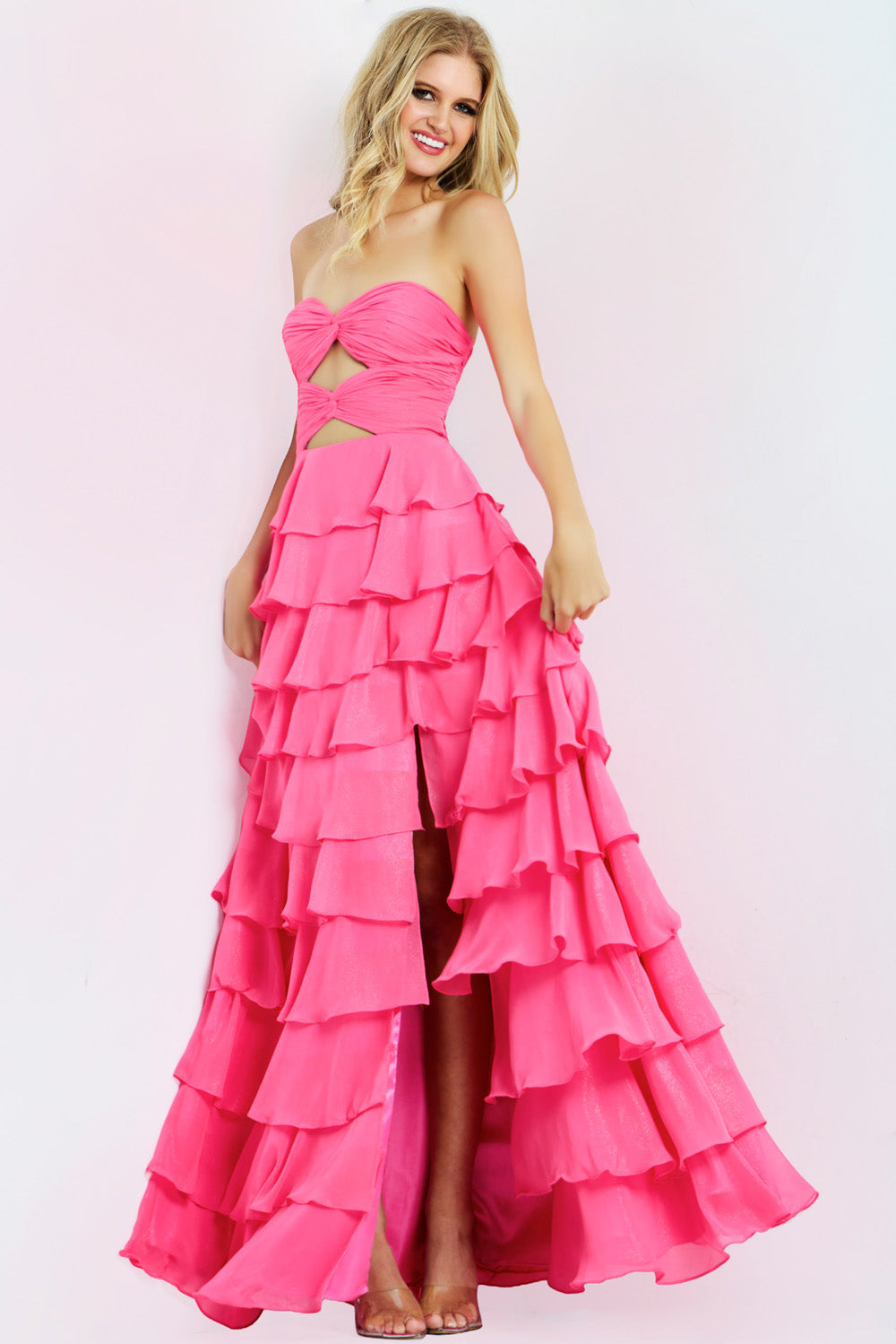 Jovani 47898 Pink prom dress with ruffled layers and a high slit, featuring a sweetheart neckline.