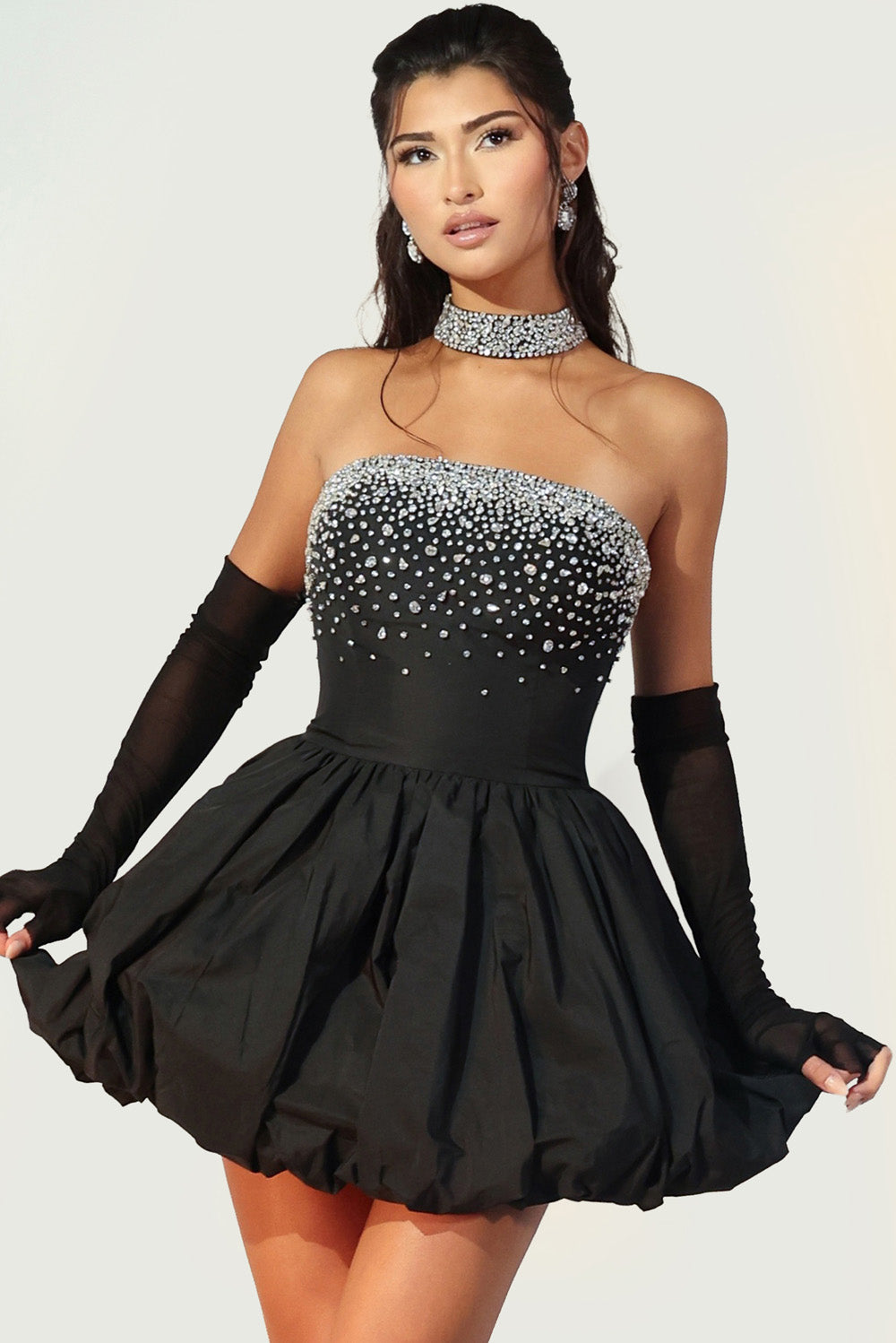 Jovani 48098 Black strapless prom dress with beaded bodice and flared skirt.