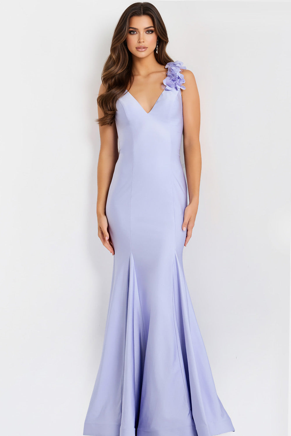 Jovani 48120 Lilac mermaid prom dress with a side slit and floral shoulder detail.