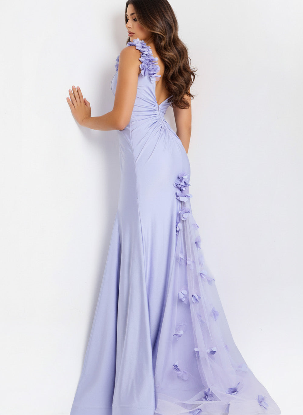 Jovani 48120 Lilac formal gown with a fitted silhouette and floral details, back view.