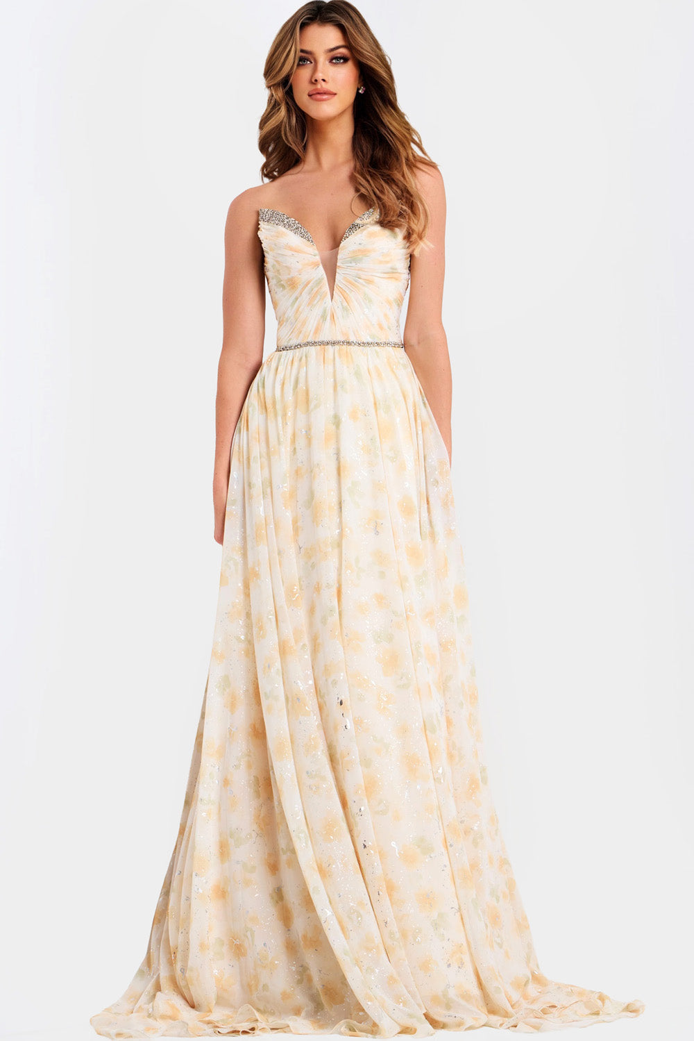 Jovani 48139 Multi-colored prom dress with a fitted bodice and sparkling beaded neckline.