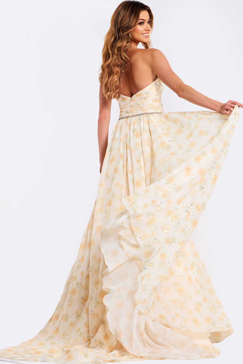 Jovani 48139 Multi-colored A-line prom dress with a stunning lace-up back, back view.