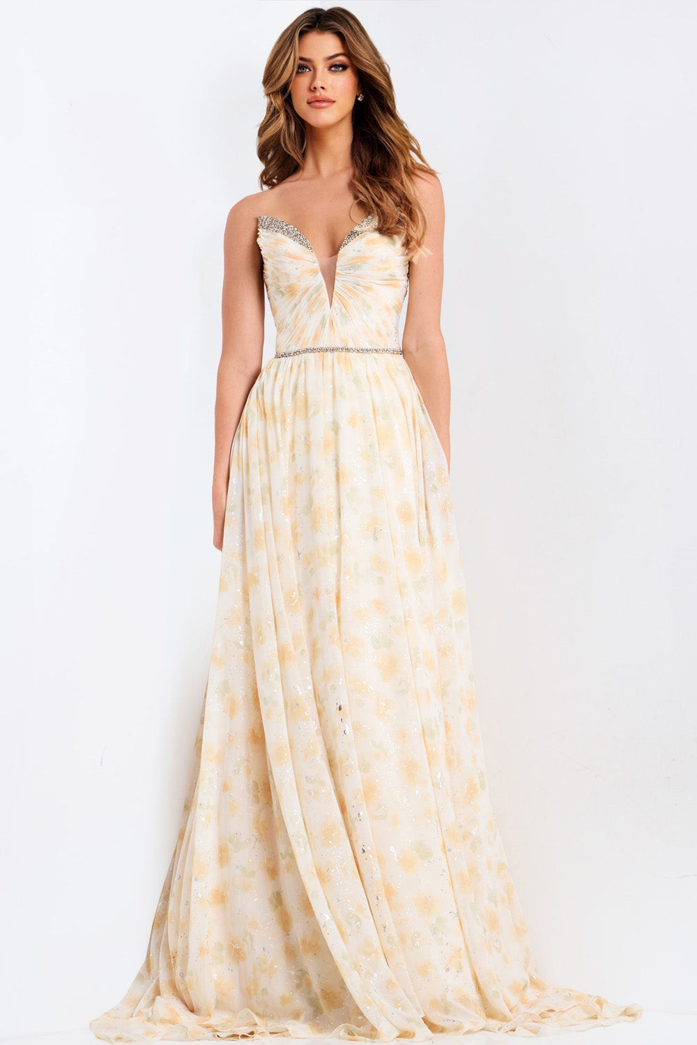 Jovani 48139 Multi-colored A-line prom dress with beaded neckline and plunging front view.