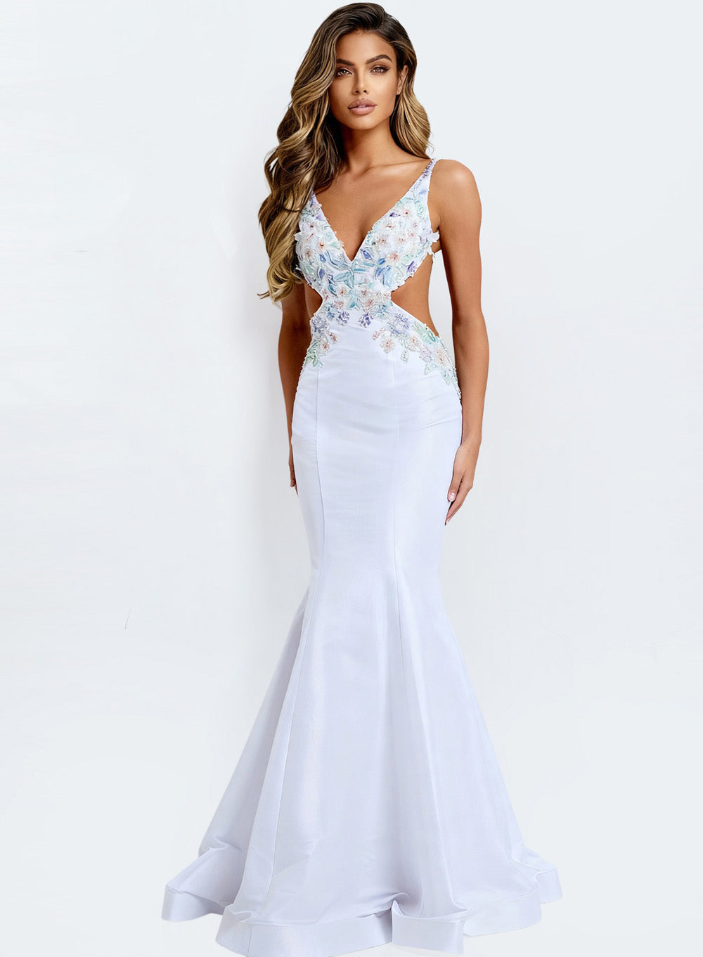 Jovani 48176 Light blue mermaid prom dress with floral beading, front view.