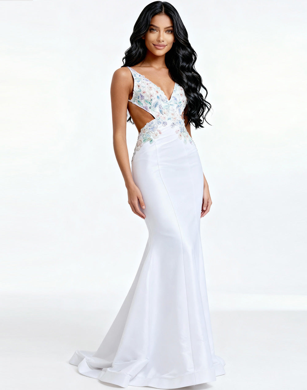 Jovani 48176 Light blue and off-white mermaid prom dress with floral beading, front view.