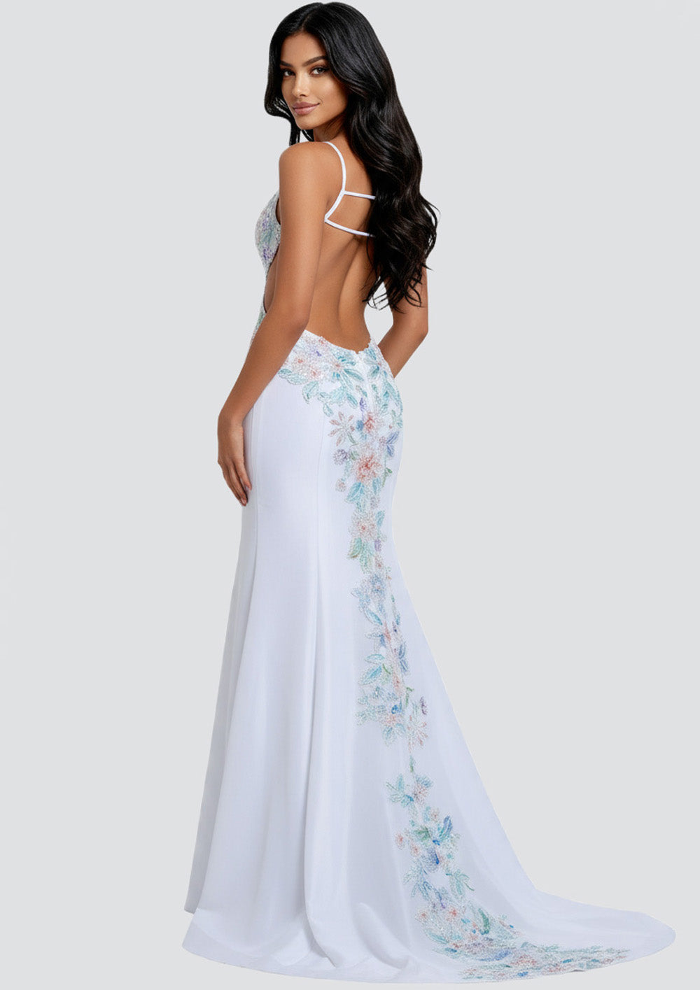 Jovani 48176 Light blue and off-white formal gown with floral embroidery and a fitted silhouette.