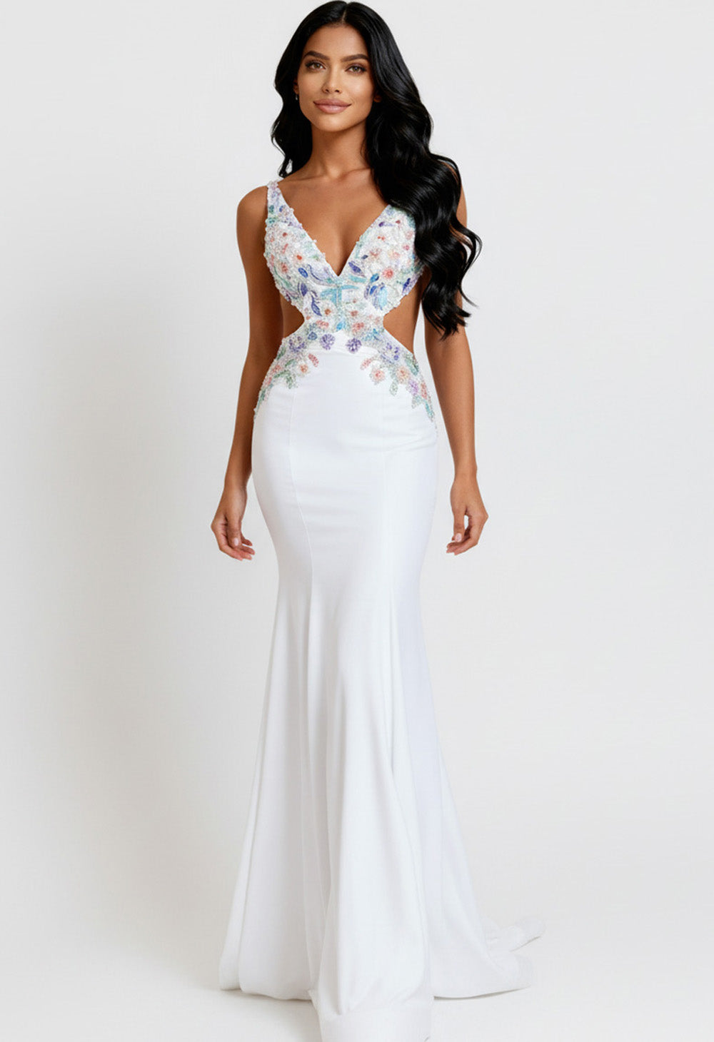 Jovani 48176 Light blue and off-white mermaid prom dress with floral beading, front view.