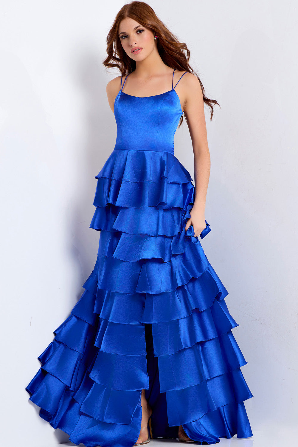 Jovani 48295 Blue prom dress with layered ruffles and a high slit, featuring a fitted bodice.