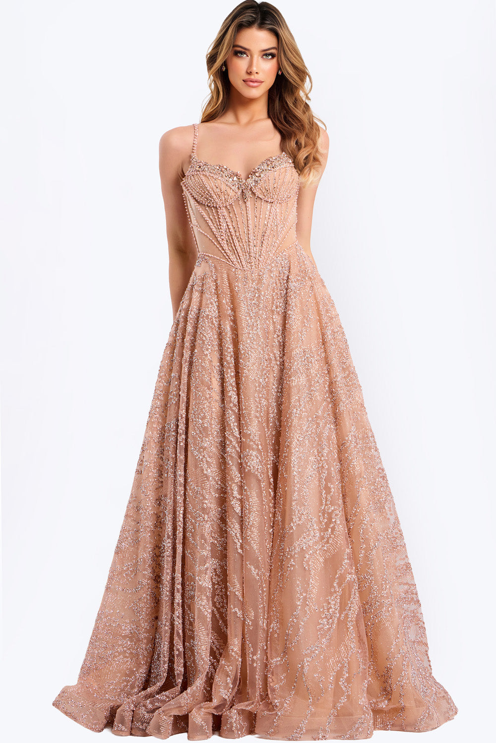 Jovani 48365 Rose gold formal gown with beading and a flowing A-line silhouette, front view.