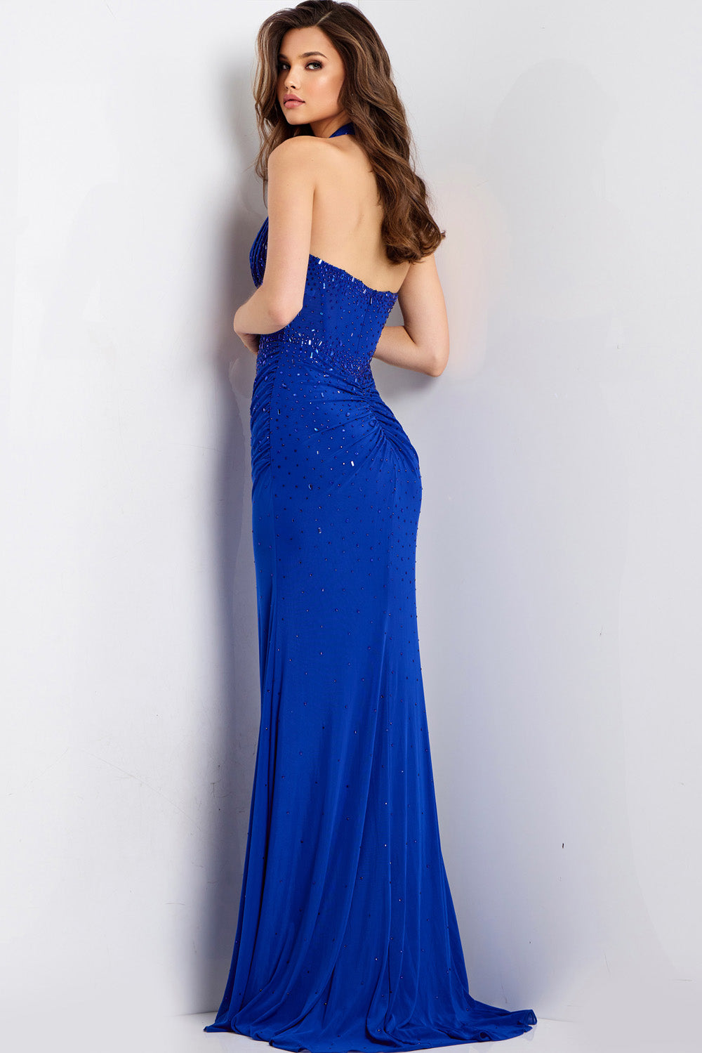 Jovani 48373 Royal blue fitted prom dress with beading, featuring a back view.