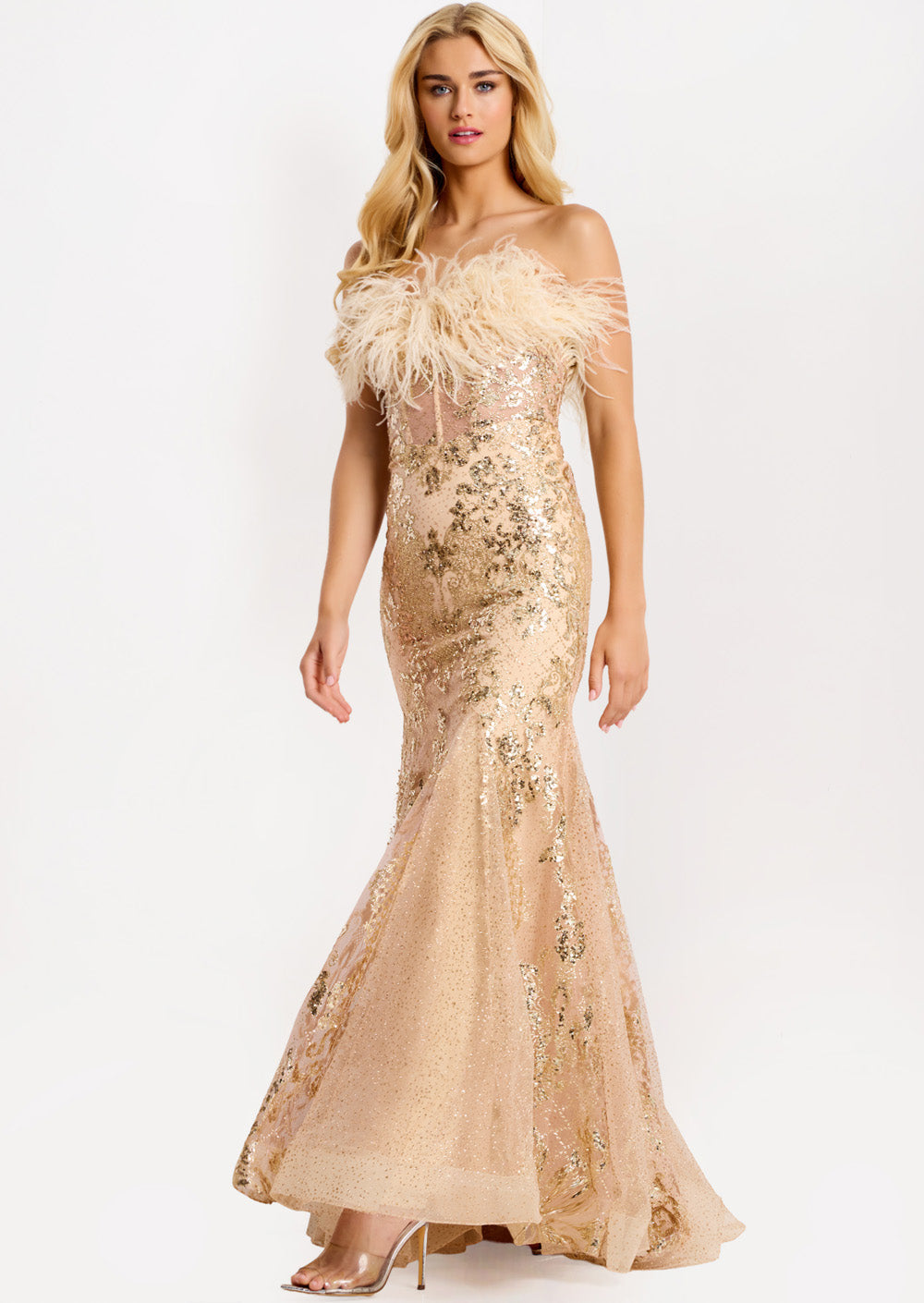 Jovani 48465 Gold mermaid prom dress with sequins and feathered off-shoulder detail, front view.