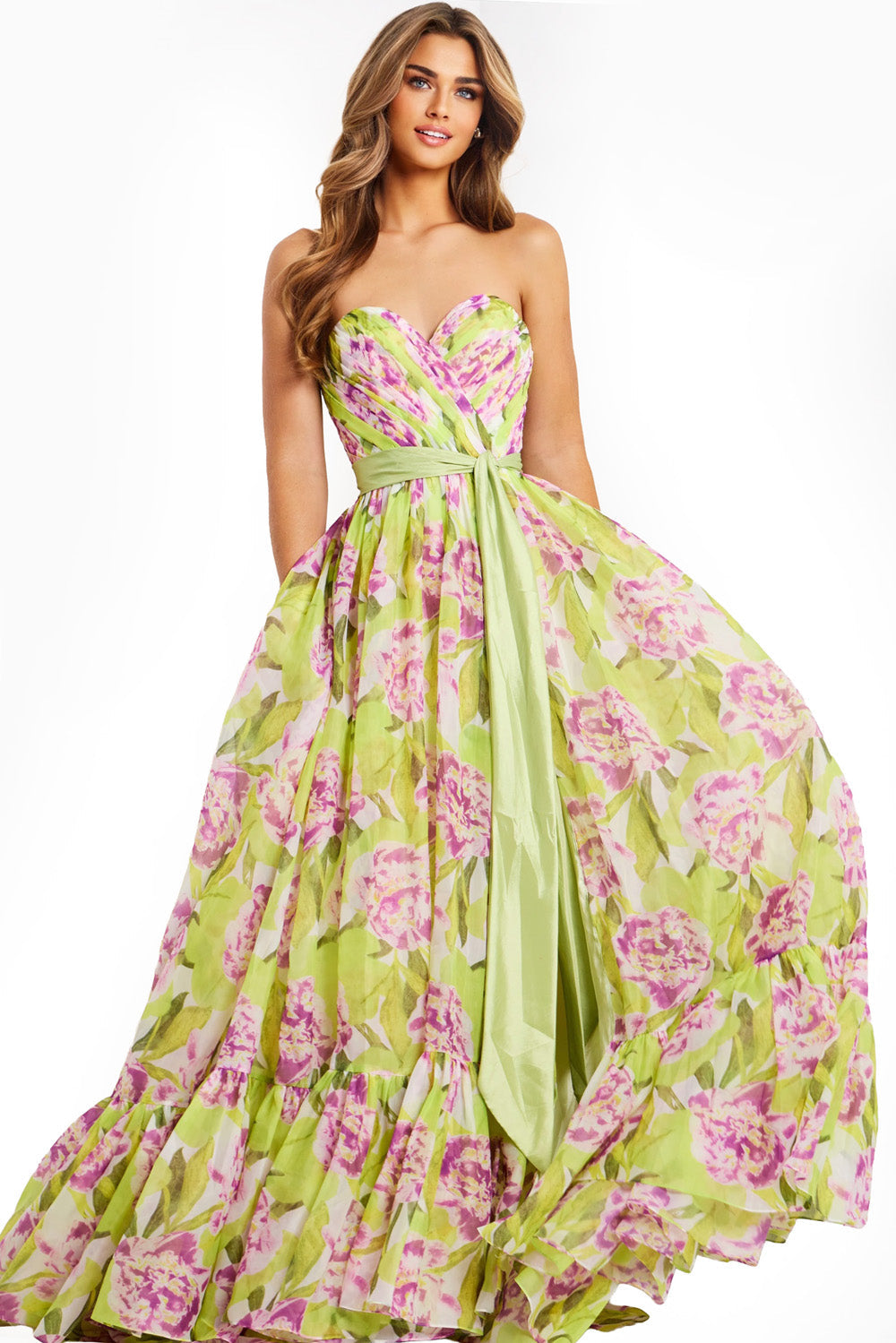 Jovani 48468 Floral print A-line prom dress with a sweetheart neckline and flowing skirt.