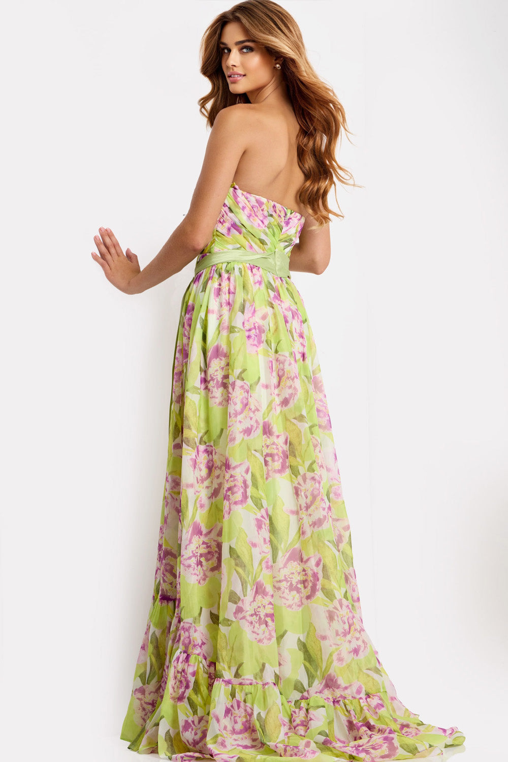 Jovani 48468 Floral print A-line prom dress with a flowing skirt and a lace-up back.