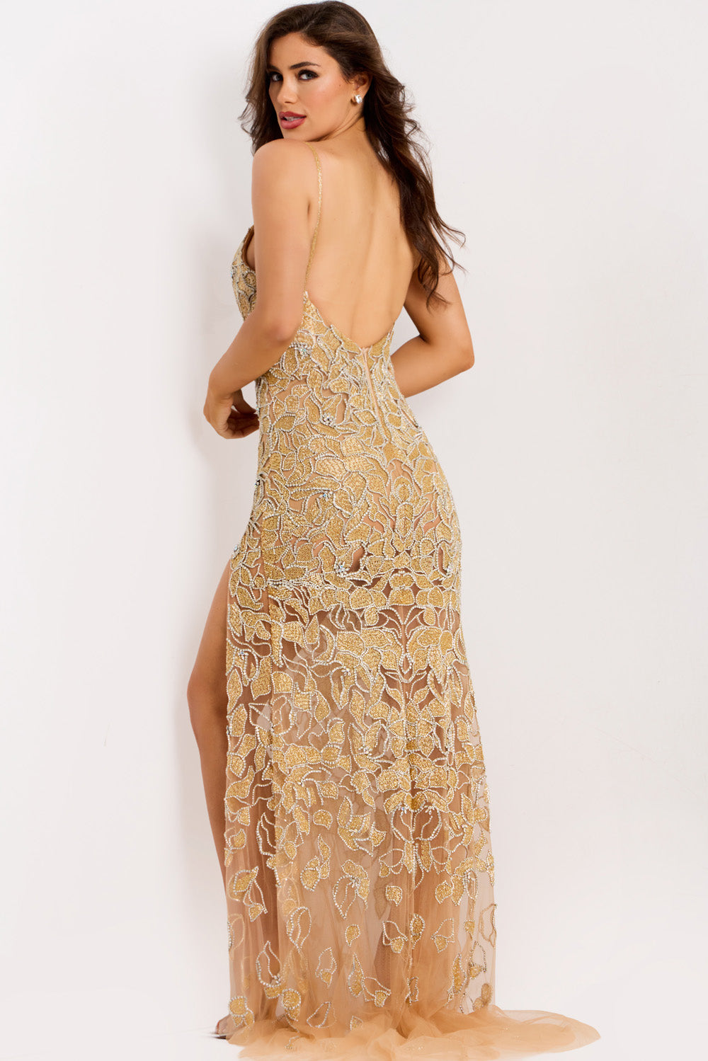 Jovani 48509 Nude mermaid prom dress with intricate beading and a high slit, back view.