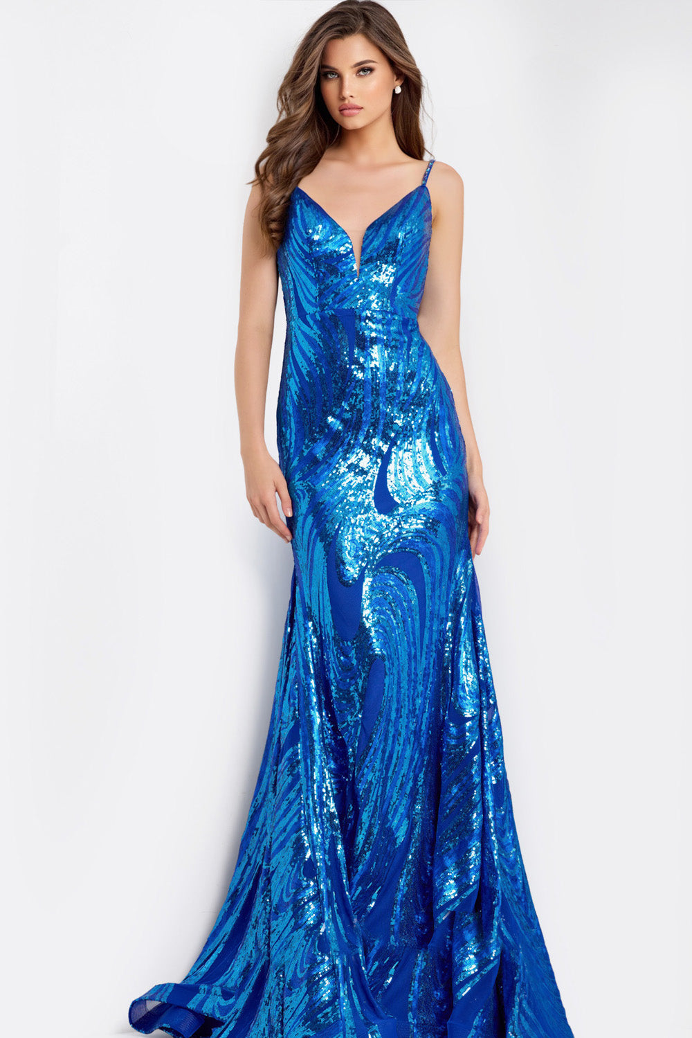 Jovani 48518 Cobalt mermaid prom dress with sequins and a plunging neckline, front view.