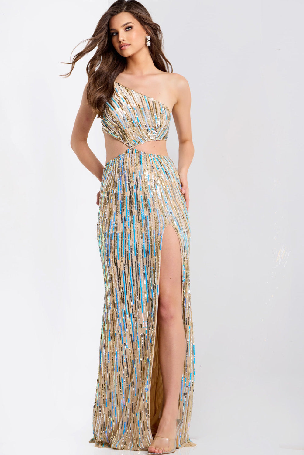 Jovani 48526 Nude gold mermaid prom dress with a thigh-high slit and shimmering sequins.