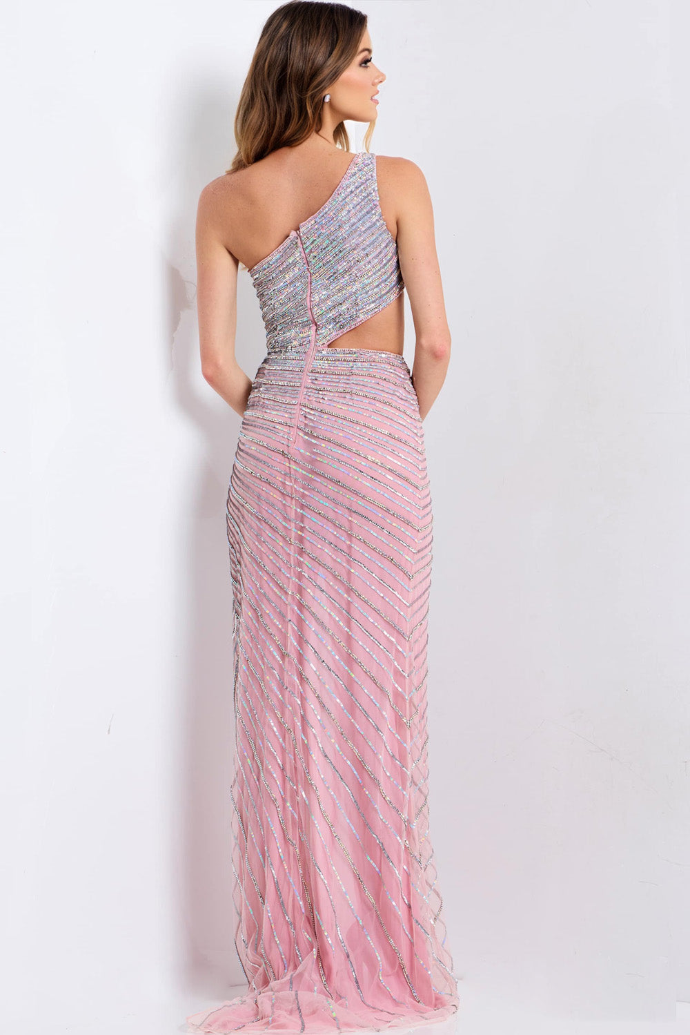 Jovani 48563 Pink mermaid prom dress with sequins and a stylish open back, back view.