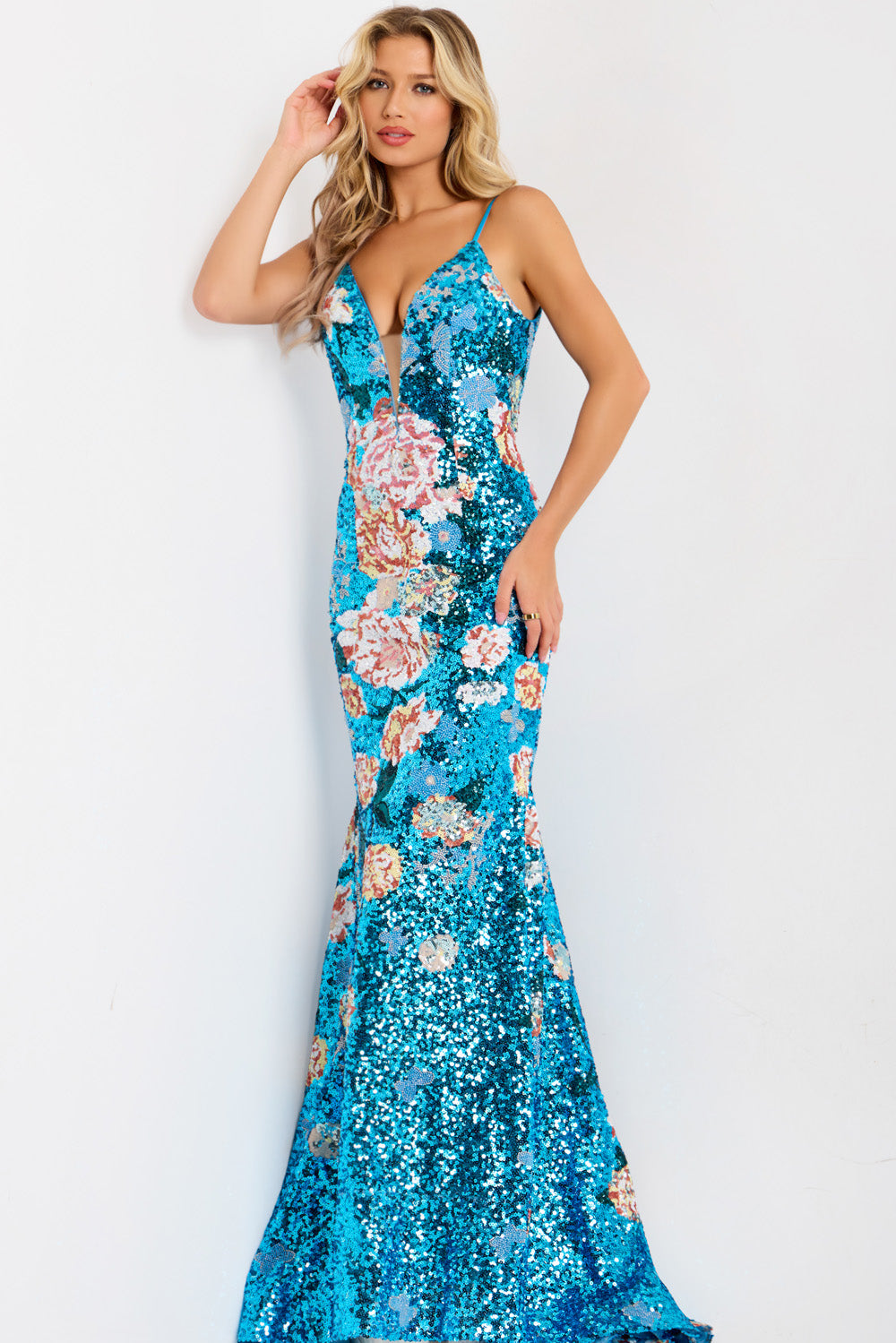 Jovani 48637 Peacock multi sequined mermaid prom dress with plunging neckline, front view.