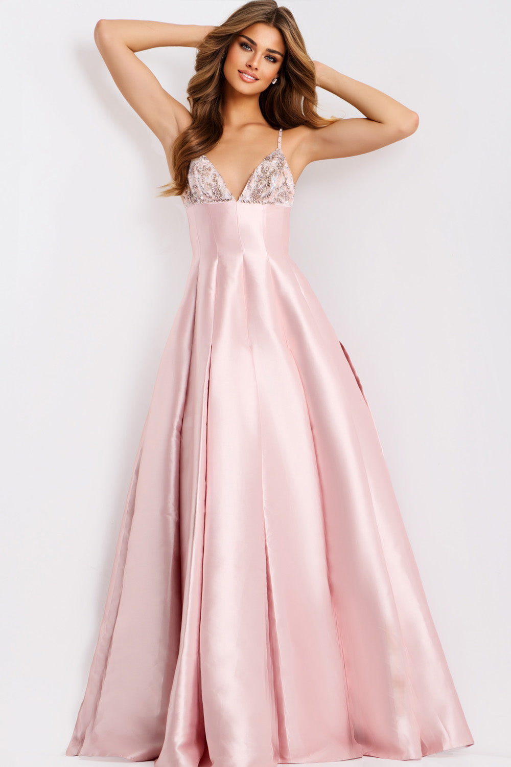 Jovani 48732 Blush A-line prom dress with beaded bodice and side slits, front view.