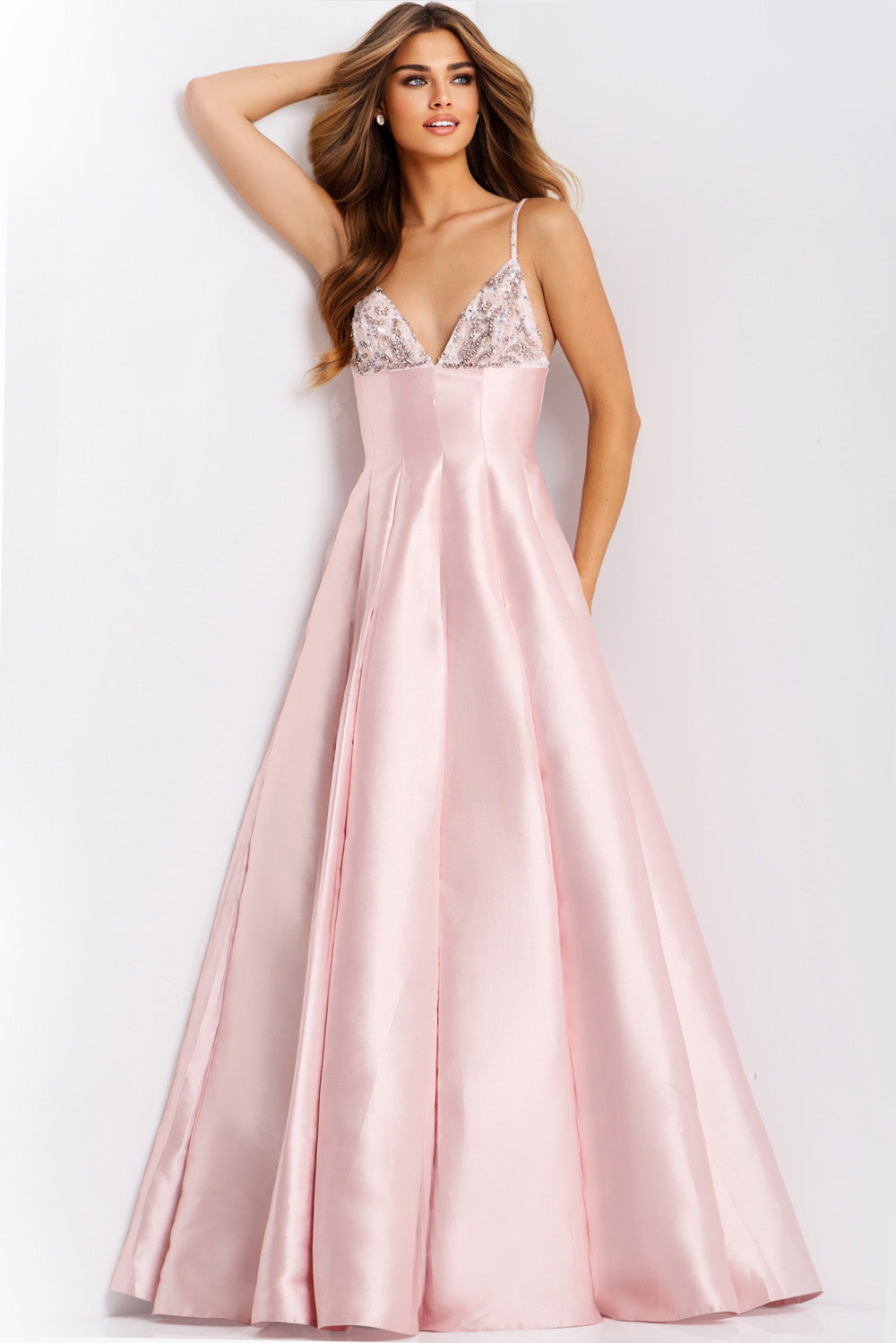 Jovani 48732 Blush A-line prom dress with beaded bodice and spaghetti straps.