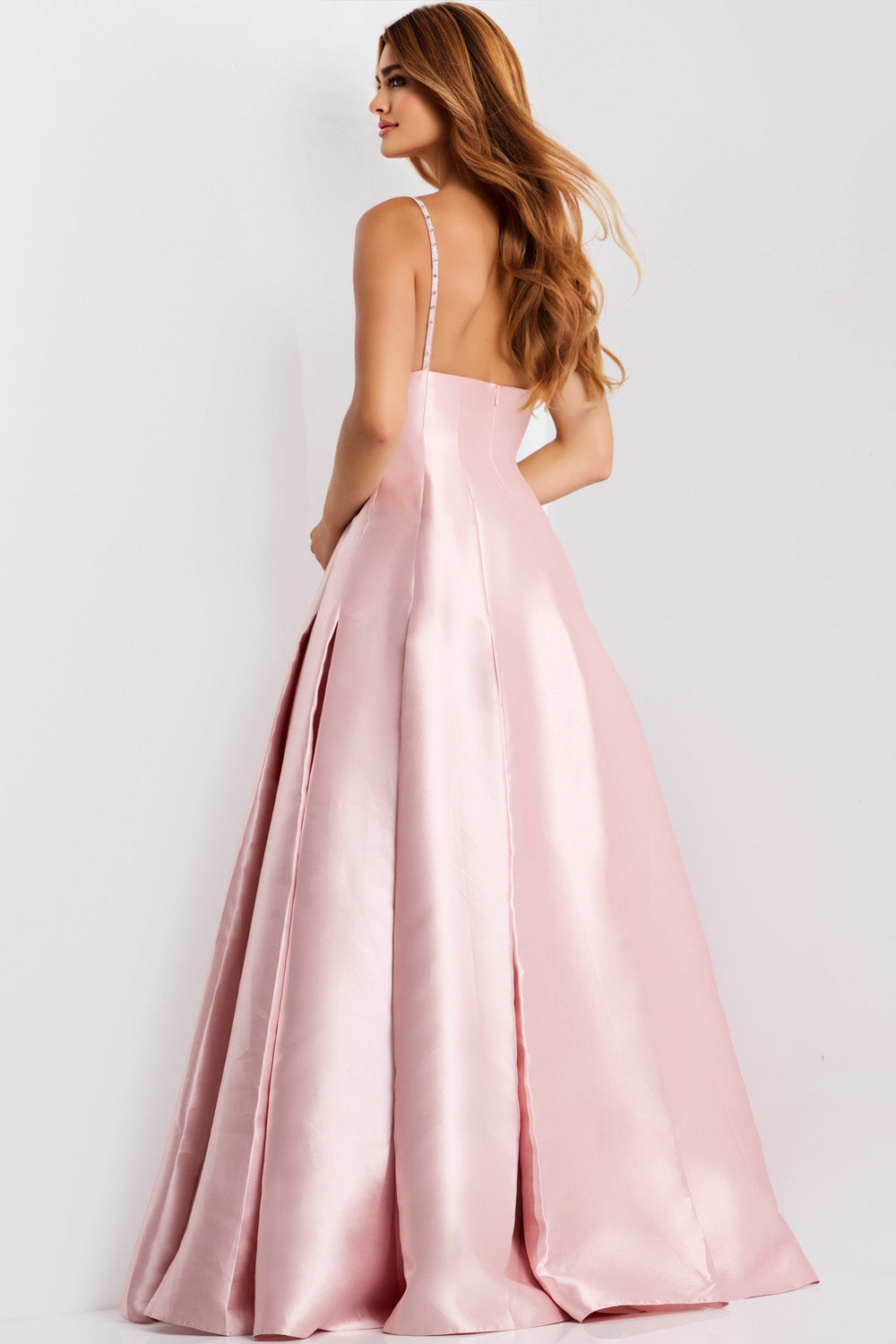 Jovani 48732 Blush A-line prom dress with a stunning open back and flowing skirt.