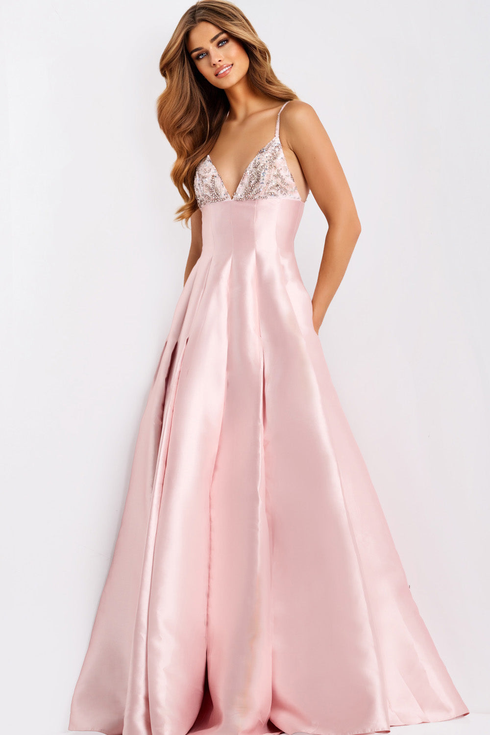 Jovani 48732 Blush A-line prom dress with beaded bodice and elegant side slits.