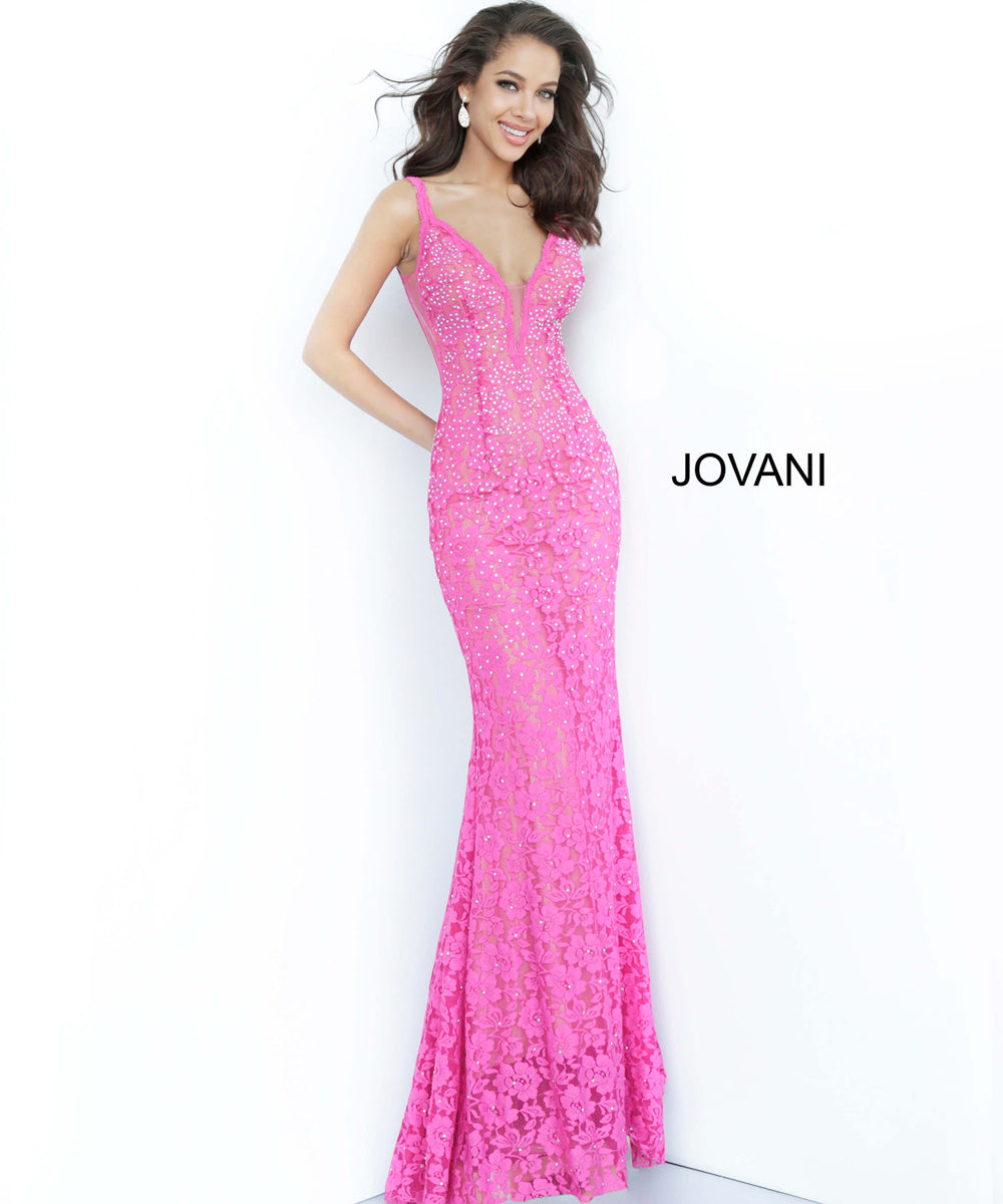Jovani 48994 Fuchsia mermaid prom dress with intricate beading and plunging neckline.