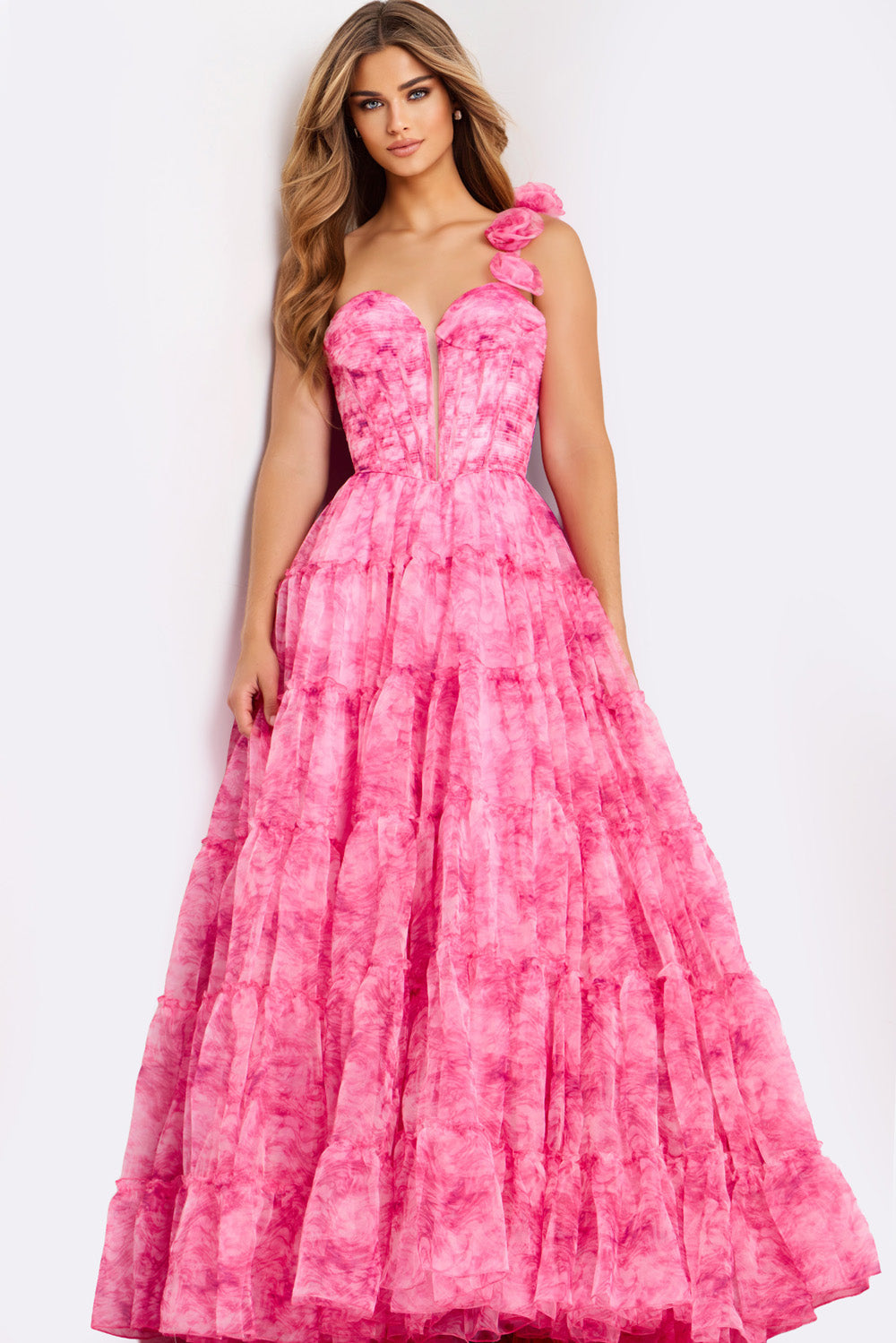 Jovani 49074 Pink tiered prom dress with a sweetheart neckline and floral shoulder detail.