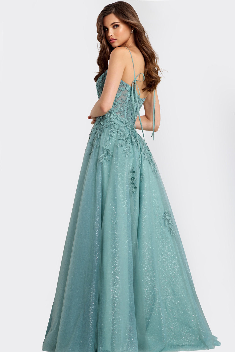 Jovani 49092 Sage A-line prom dress with lace-up back and floral embellishments, back view.