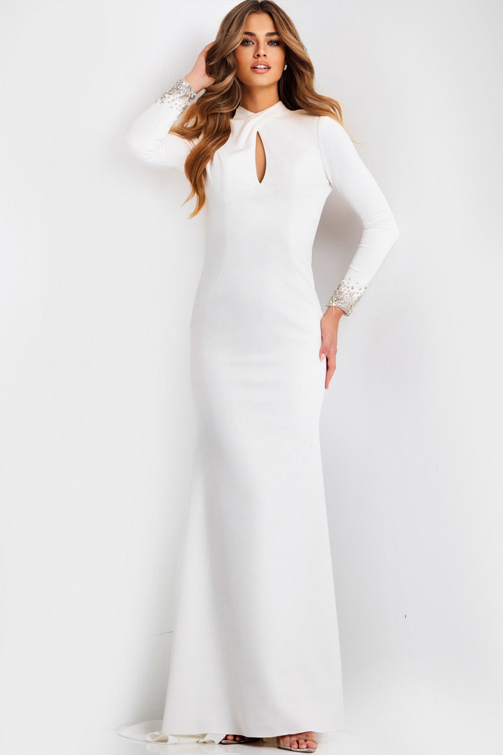 Jovani 49126 White fitted prom dress with long sleeves and embellished cuffs, featuring a keyhole neckline.