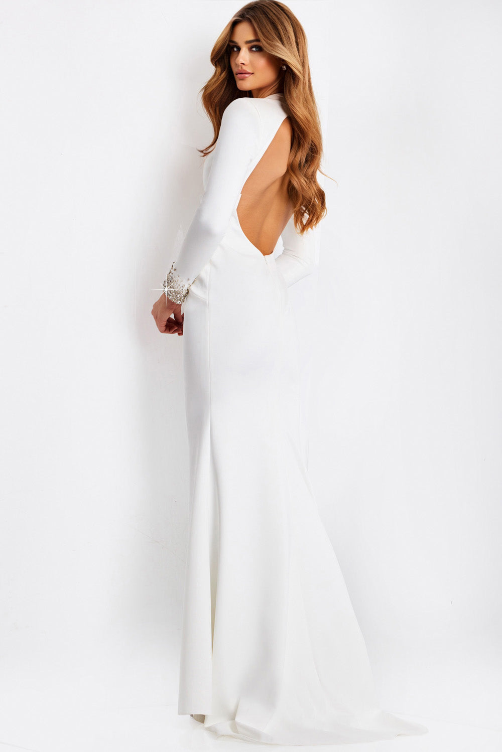 Jovani 49126 White fitted prom dress with a dramatic open back and elegant long sleeves.