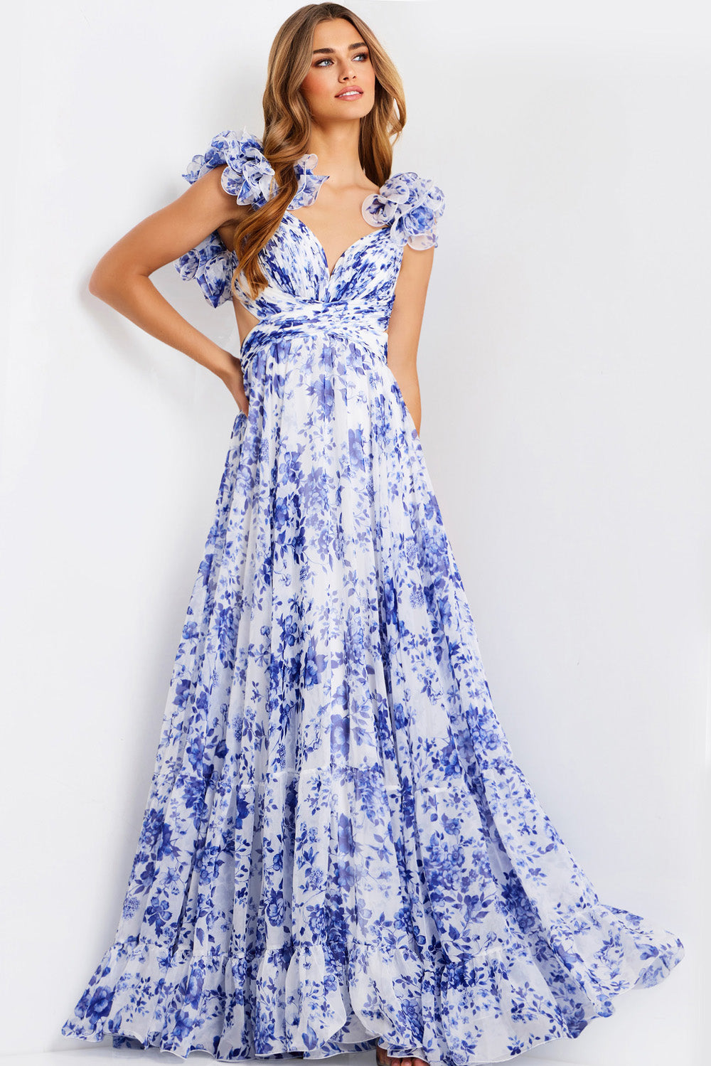 Jovani 49143 White and blue floral A-line prom dress with ruffled sleeves, front view.