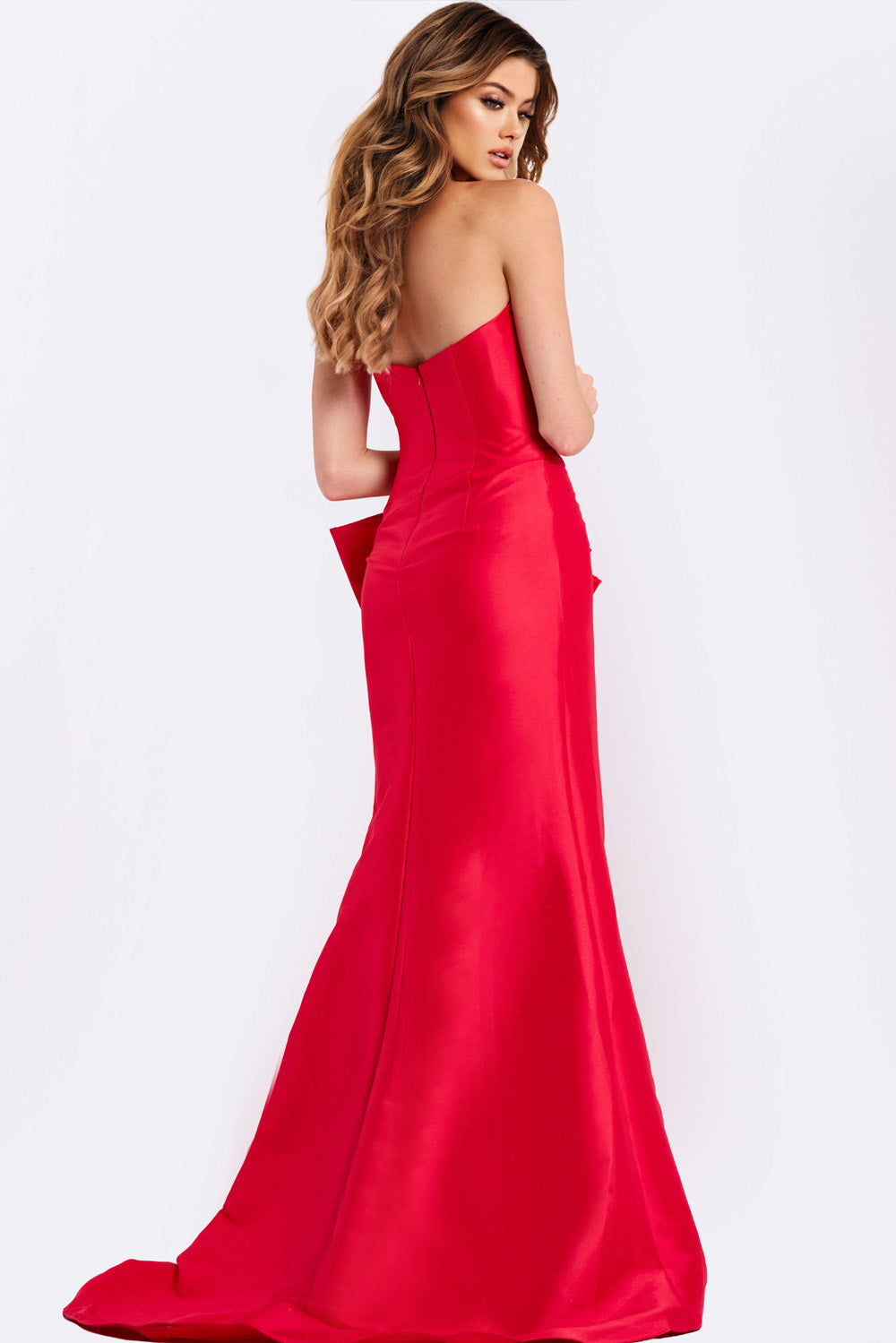Jovani 49195 Red mermaid prom dress with a sleek silhouette and a stunning lace-up back.