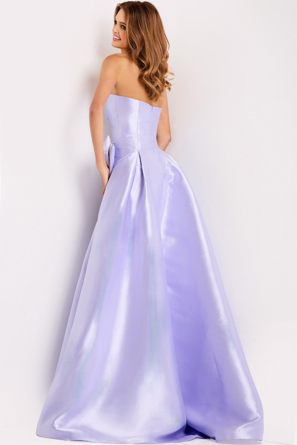 Jovani 49196 Lilac A-line prom dress with a stunning bow detail and elegant back view.