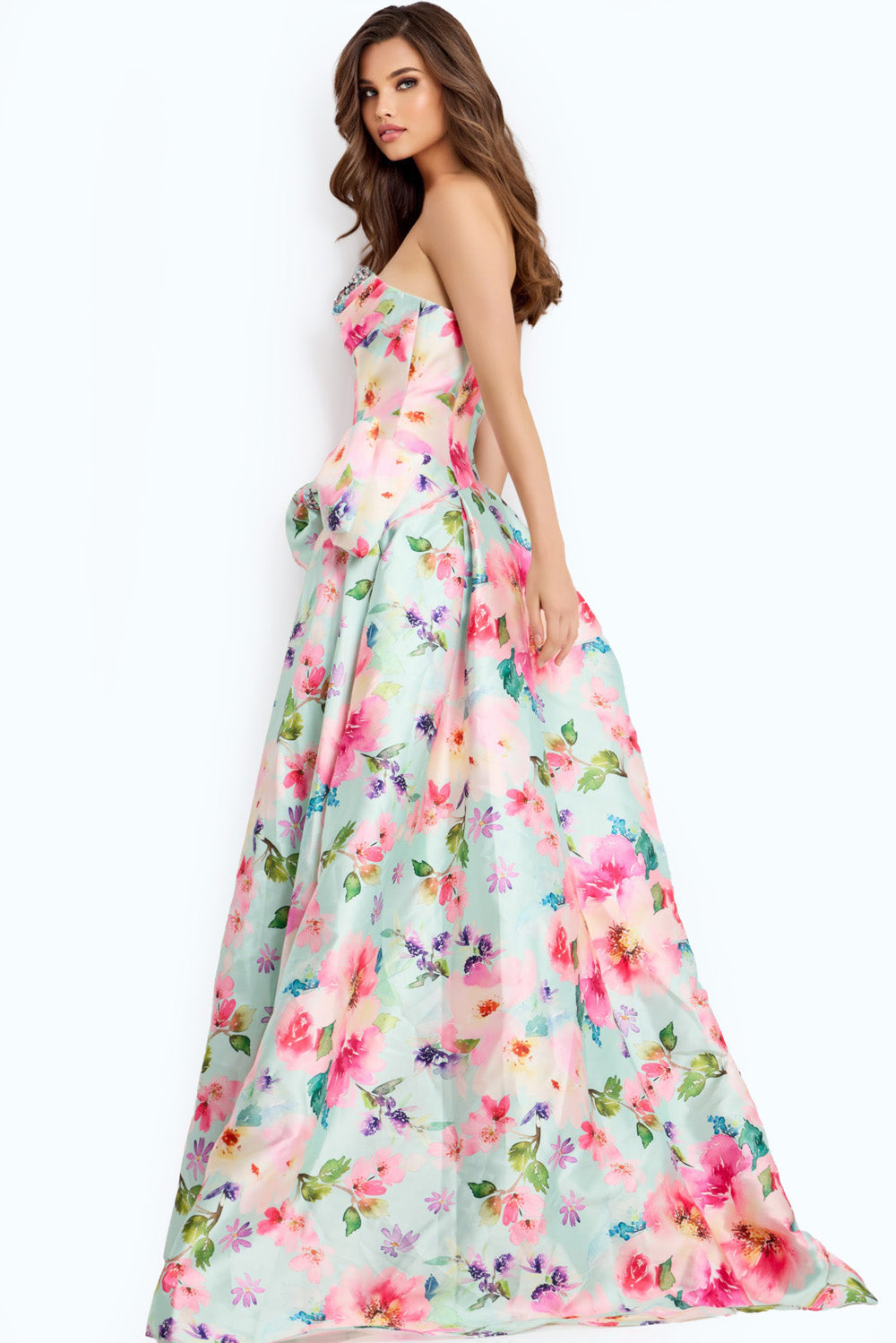 Jovani 49197 Mint multi floral prom dress with a fitted bodice and dramatic ballgown skirt.