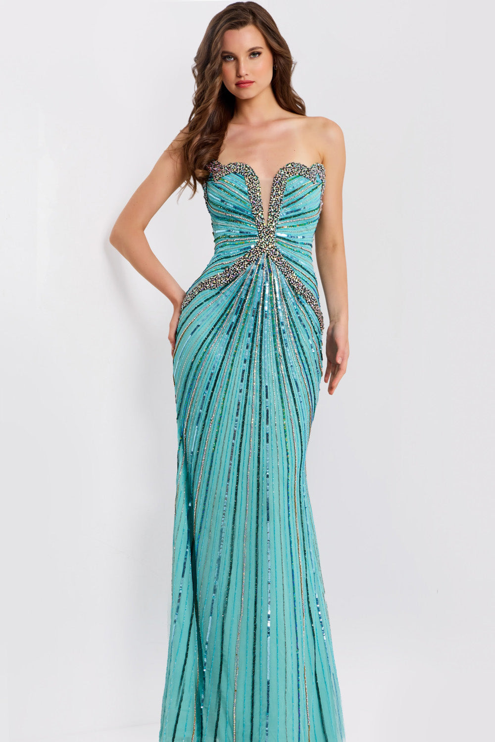 Jovani 49224 Strapless blue prom dress with sequins and a fitted silhouette.