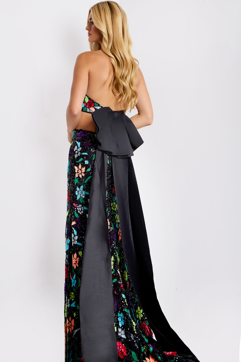 Jovani 49251 Black multi prom dress with a fitted silhouette and a dramatic bow detail.