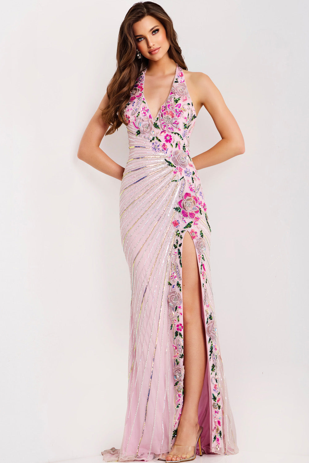 Jovani 49254 Pink mermaid prom dress with floral beading and a thigh-high slit, front view.