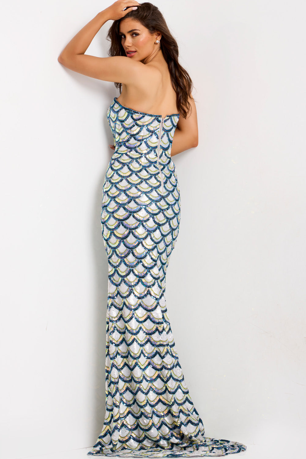 Jovani 49260 Off white multi mermaid prom dress with sequins, featuring a back view.
