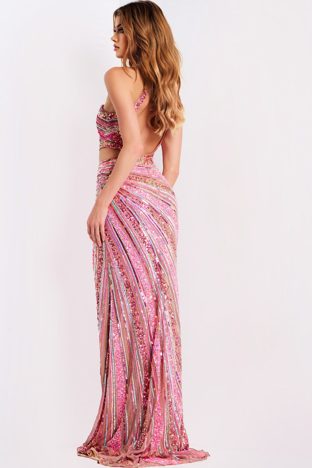 Jovani 49266 Pink multi formal gown with sequins and a side slit, back view.